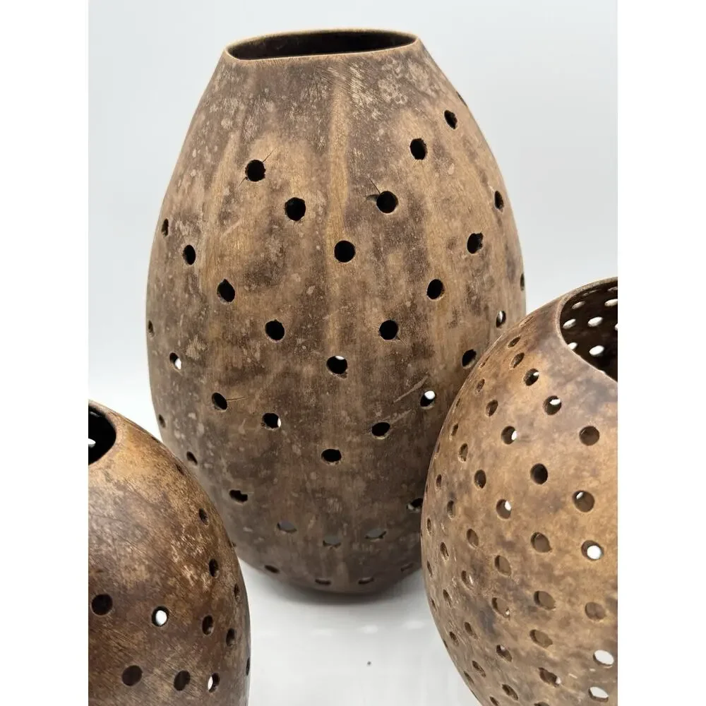 3 Piece Coconut Shell Candle Holders Set Hollow Pierced Handmade Natural Rustic